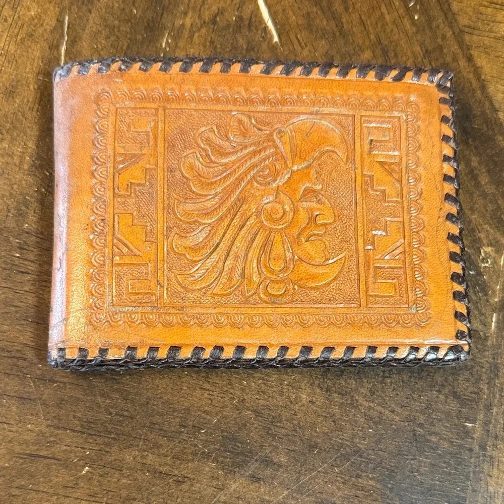 Hand-Tooled Brown Leather Bifold Wallet does show some wear - Picture 1 of 3